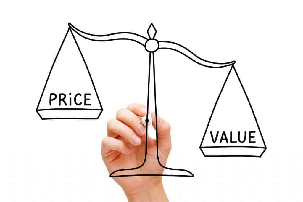 Hand drawing Value Price scale concept with black marker on transparent wipe board isolated on white.