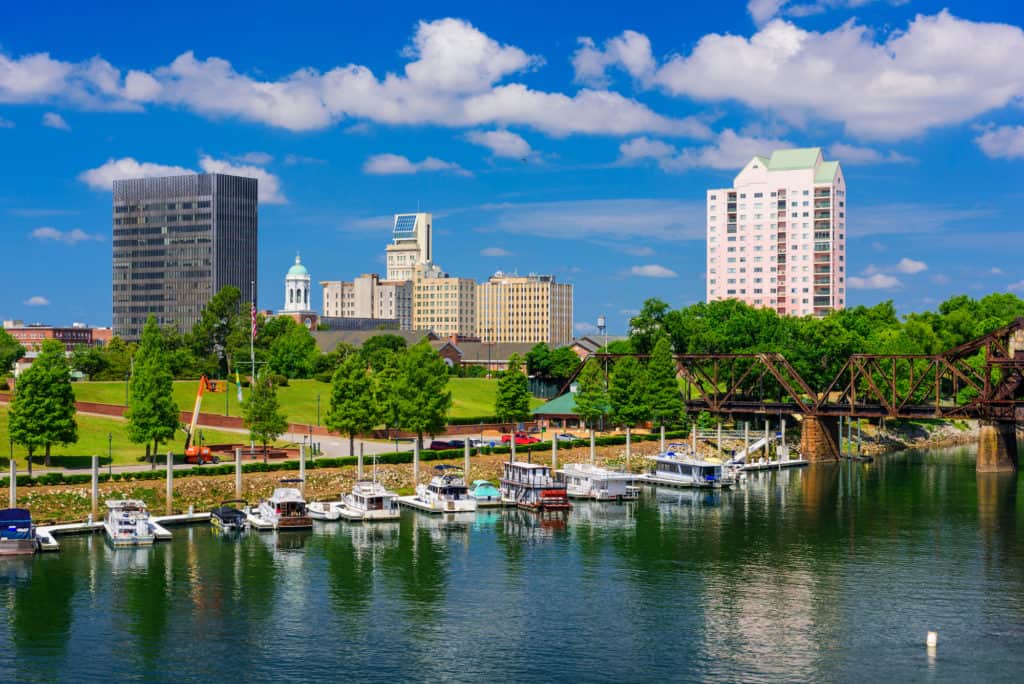 Augusta, Georgia, USA downtown skyline on the Savannah River.