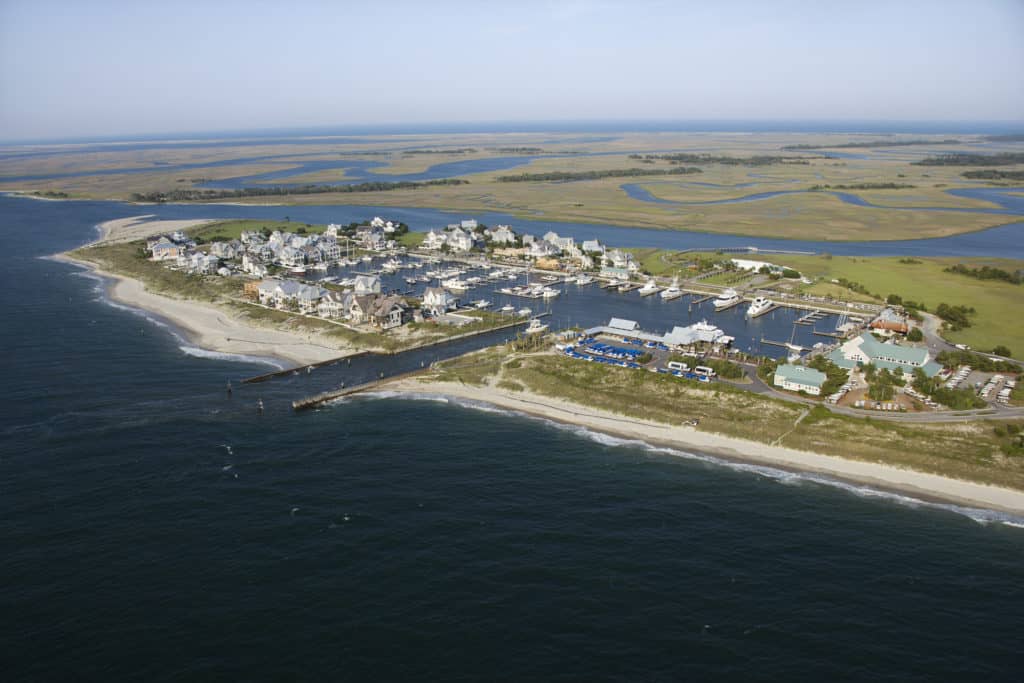 Aerial view of marina on Bald Head Island, North Carolina.