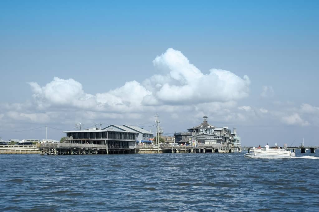 The waterfront at Cedar Key, Florida from the channel in the Gulf of Mexico.