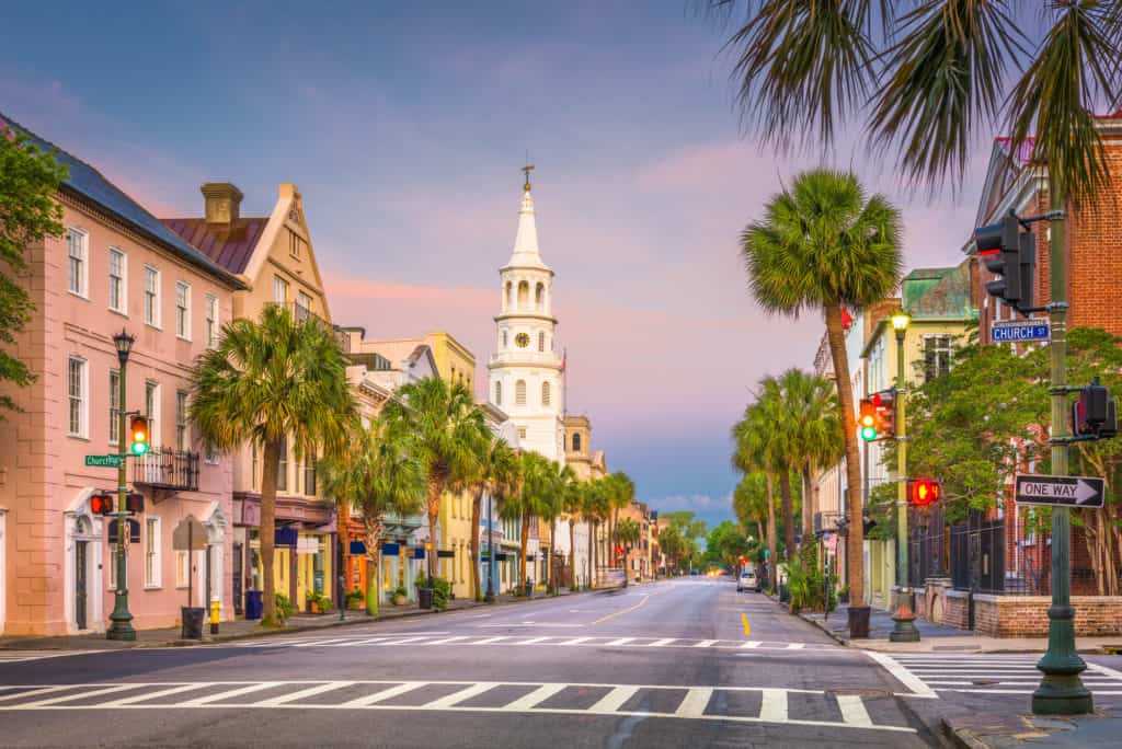 Charleston, South Carolina, USA cityscape in the historic French Quarter.