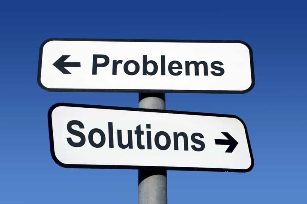 Signpost pointing to problems and solutions.