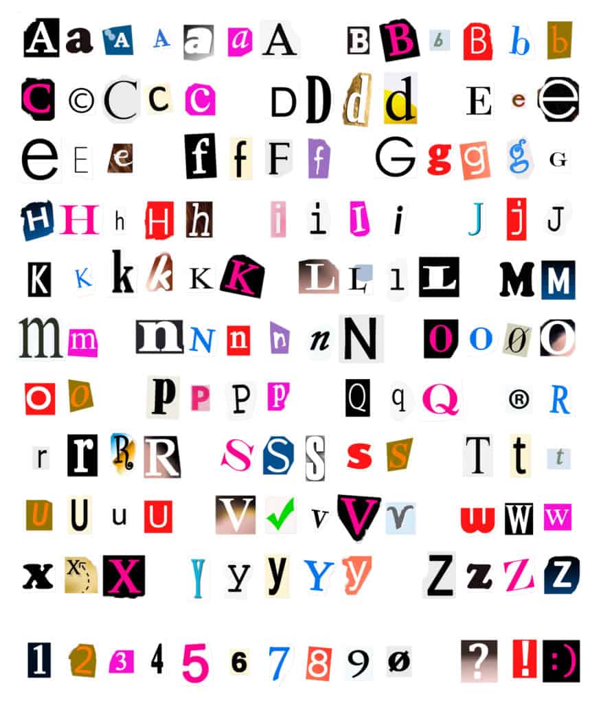 Different kinds of cut and torn out font from magazines and papers as often used in ransom notes.