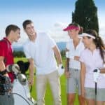 Golf course people group young players team grass field