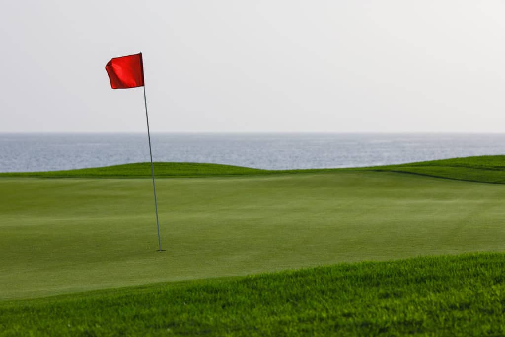 golf course with green grass and red pin flag, sea background