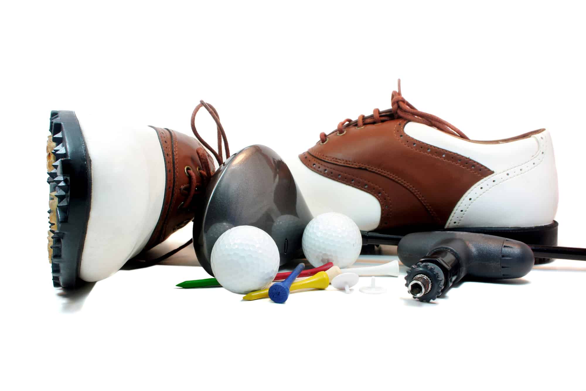 Golf shoes and equipment isolated on white