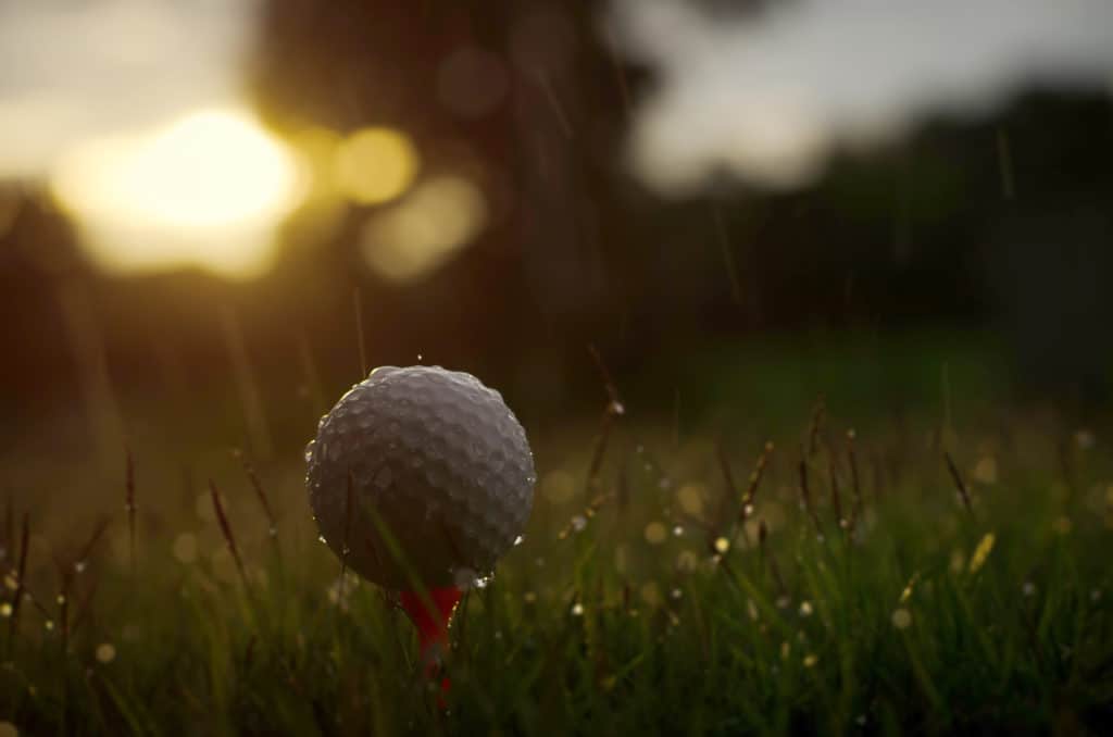 wet golf ball sitting on white tee