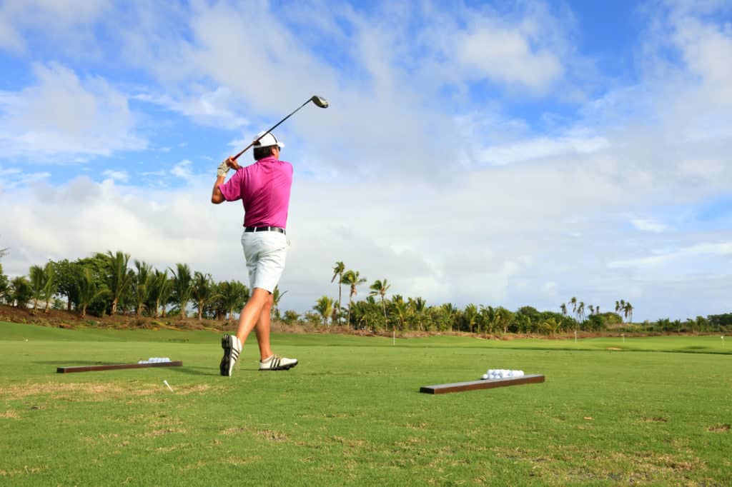 Golf player teeing golf ball with palms in background