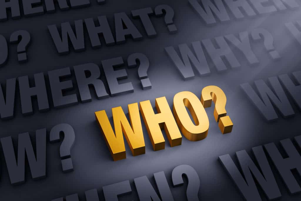 A spotlight illuminates a bright, gold "WHO?" on a dark background filled with "WHAT?", "WHERE?", "WHEN?", "HOW?", and "WHY?"