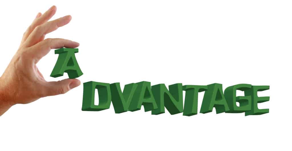 Advantage in 3D written on an isolated white background, hand holds letter A.