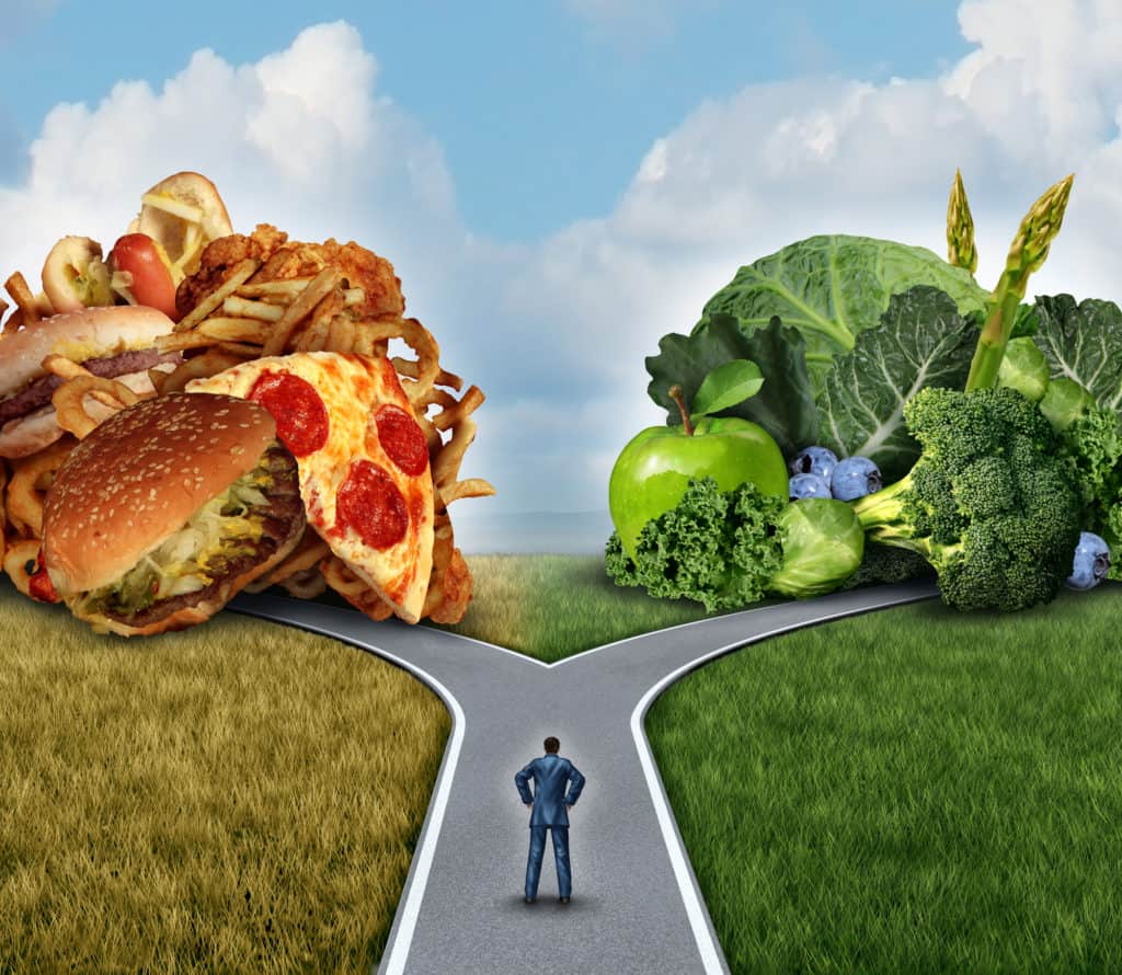 Diet decision concept and nutrition choices dilemma between healthy good fresh fruit and vegetables or greasy cholesterol rich fast food with a man on a crossroad trying to decide what to eat for the best lifestyle choice.