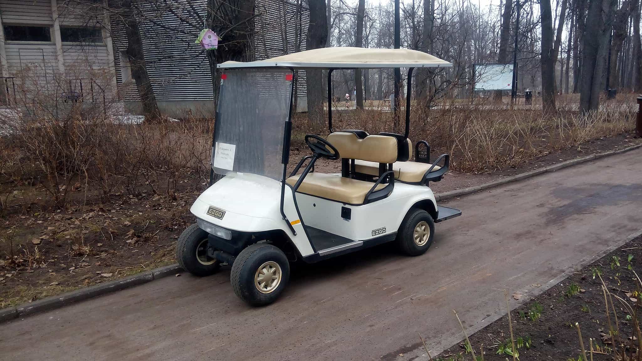 EZGO golf cart parked on side of road