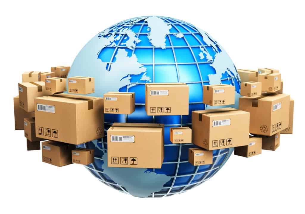  logistics, shipping and worldwide delivery business concept: blue Earth planet globe surrounded by heap of stacked corrugated cardboard boxes with parcel goods isolated on white background