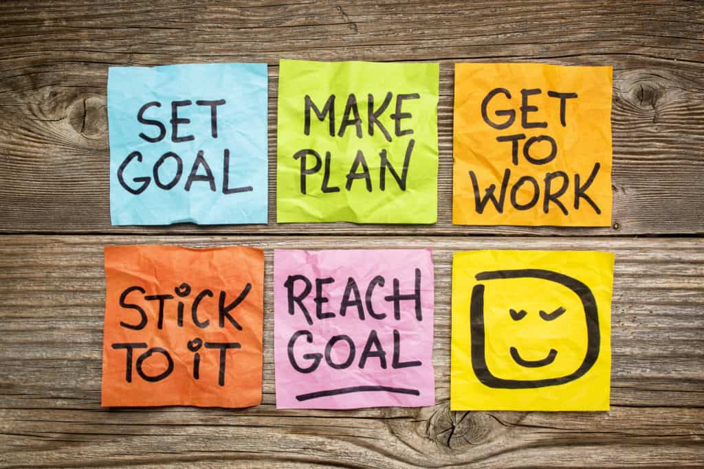 set goal, make plan, work, stick to it, reach goal - a success concept presented with colorful sticky notes