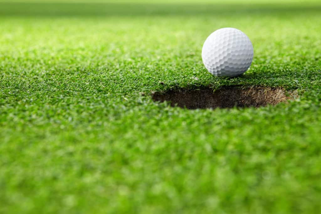 A golf ball at the hole