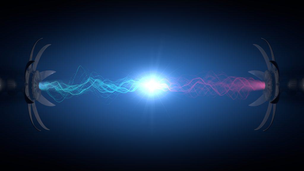 powerful energy reaction in reactor core.(electron collider machine concept.blue & pink particles)