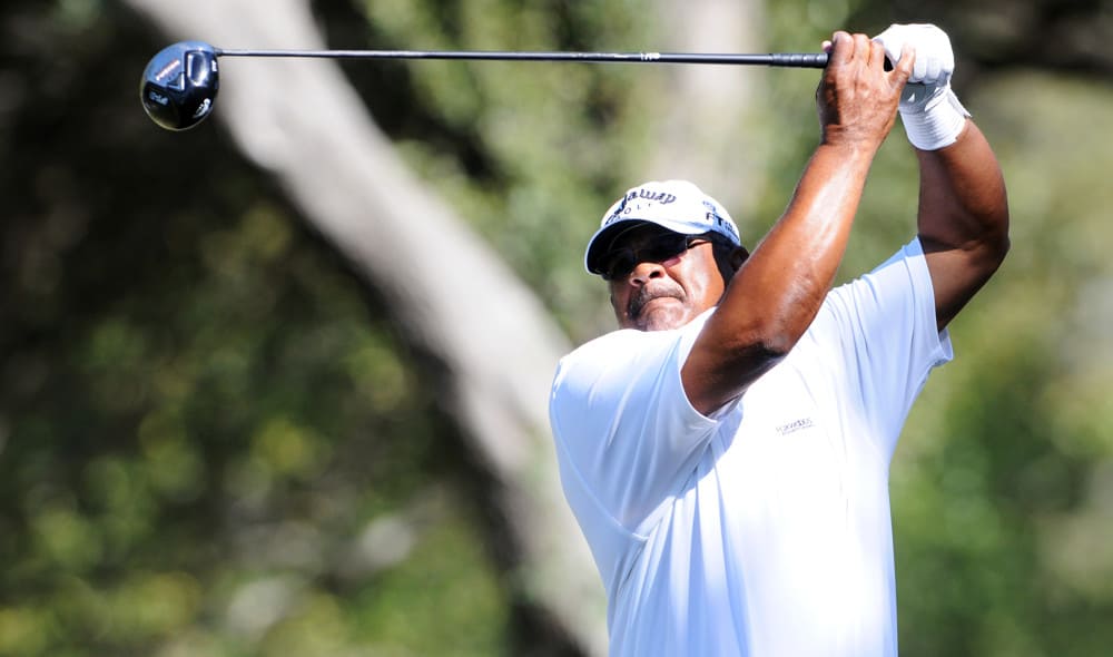 Jim Thorpe follows his tee shot on the fifth hole during the second round of the PGA Champions Tour AT&T Championship at Oak Hills Country Club in San Antonio, Tx.