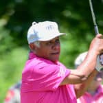 Lee Trevino watches his tee shot on 3 during the Insperity Invitational round 2 play on May 06, 2017 at The Woodlands Country Club, The Woodlands, TX.