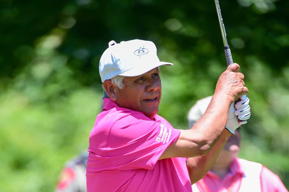 Lee Trevino watches his tee shot on 3 during the Insperity Invitational round 2 play on May 06, 2017 at The Woodlands Country Club, The Woodlands, TX.