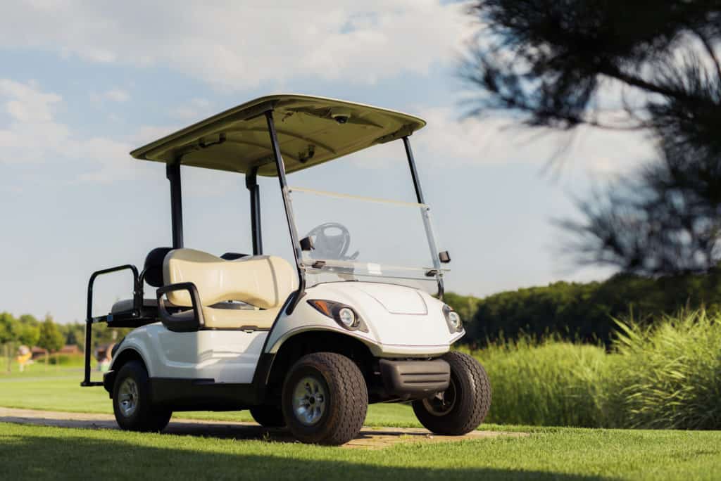 View from low angle, white golf cart stands on a stone walkway against a background of grass and trees