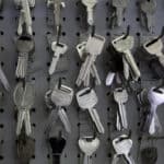 Keys hanging on hooks in store