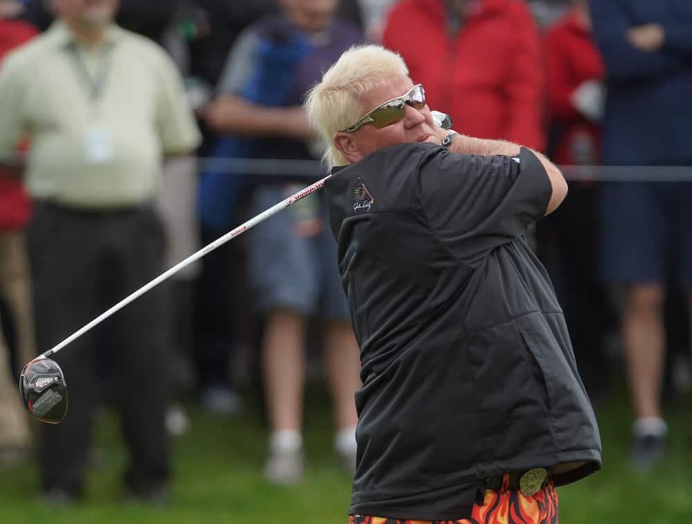 John Daly hits his tee shot during the second round of the KitchenAid Senior PGA Championship at Oak Hill Country Club on May 24, 2019 in Rochester, New York. 