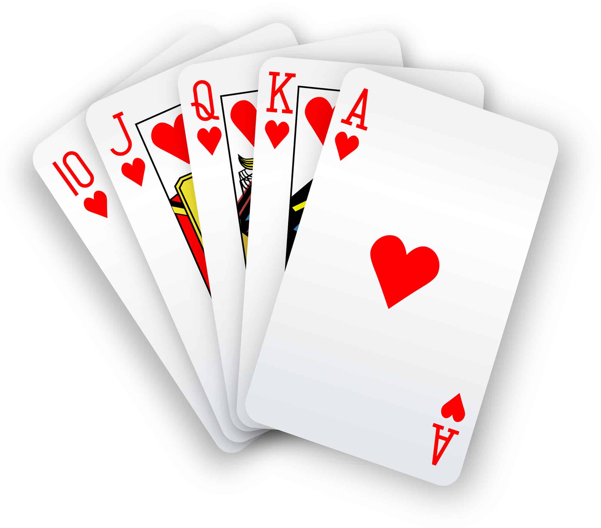 Royal straight flush playing cards poker hand in hearts