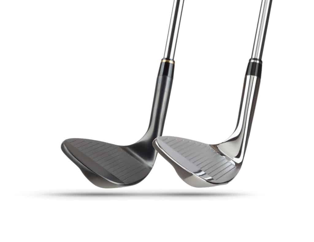 Chrome and Black Golf Club Wedge Irons on White Background.