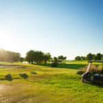 Green golf course with golf-cart in the foreground