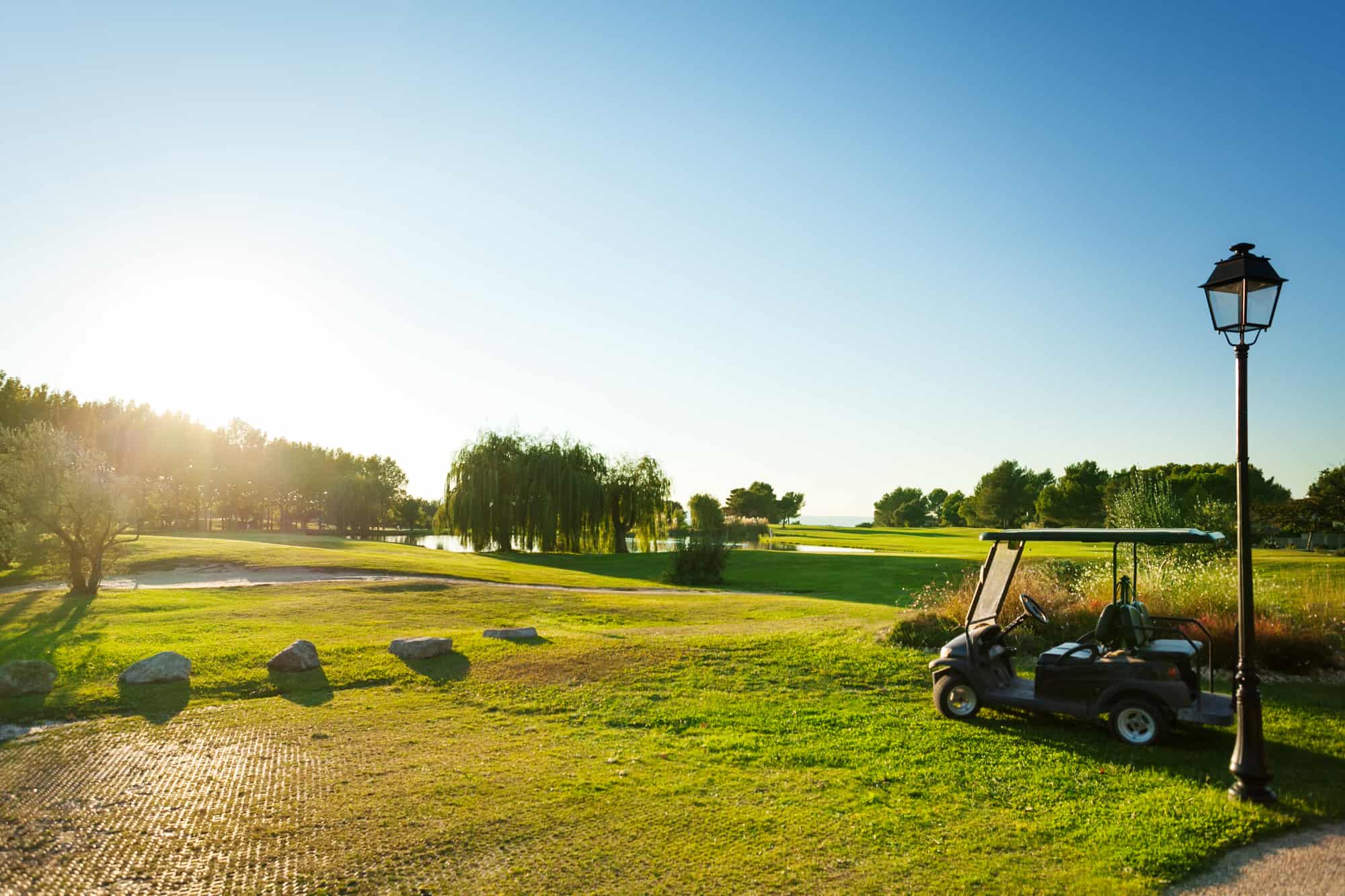 Green golf course with golf-cart in the foreground