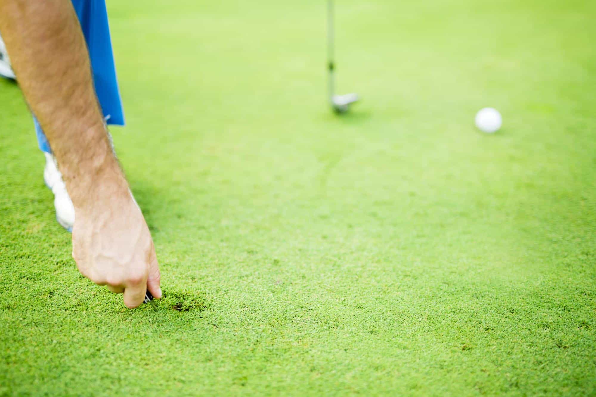 Golf player repairing divot