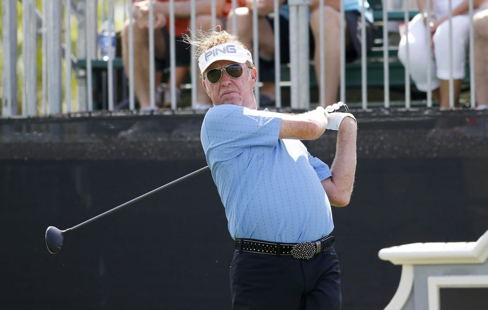 Miguel Angel Jimenez tees off hole #1 during the second round of the Mitsubishi Electric Classic tournament at the TPC Sugarloaf Golf Club Saturday, April 15, 2017, in Duluth, GA. 