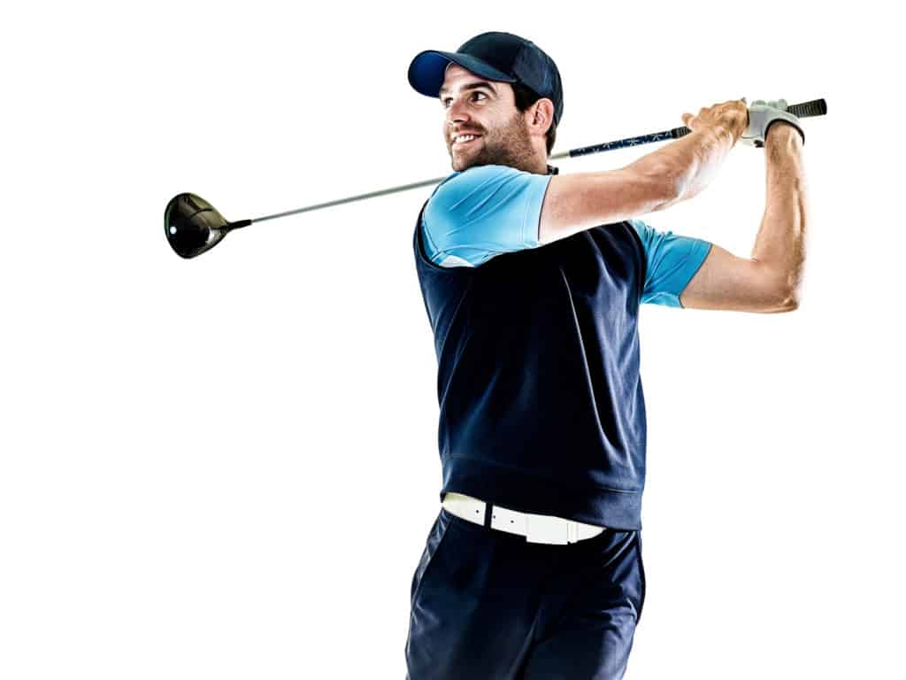 Người đàn ông golf với thắt lưng màu trắng cách ly nền trắng