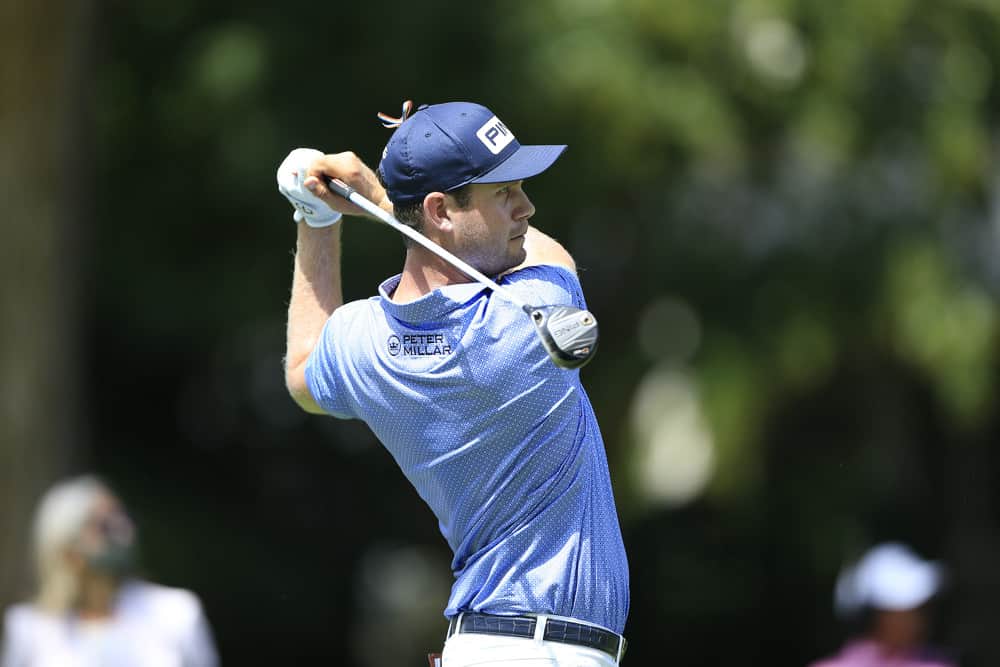 Harris English hits his second tee shot on the first hole during the first round of the TOUR Championship on September 4, 2020 at the East Lake Golf Club in Atlanta, GA. 