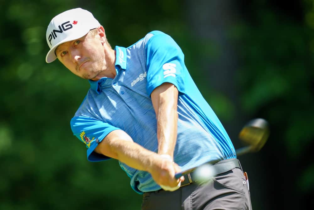 Mackenzie Hughes tees off during the final round of the RBC Canadian Open at Hamilton Golf and Country Club on June 9, 2019 in Ancaster, ON, Canada.