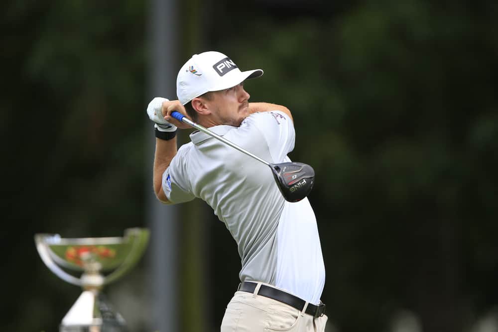 Mackenzie Hughes tees off during the first round of the TOUR Championship on September 4, 2020 at the East Lake Golf Club in Atlanta, GA. 