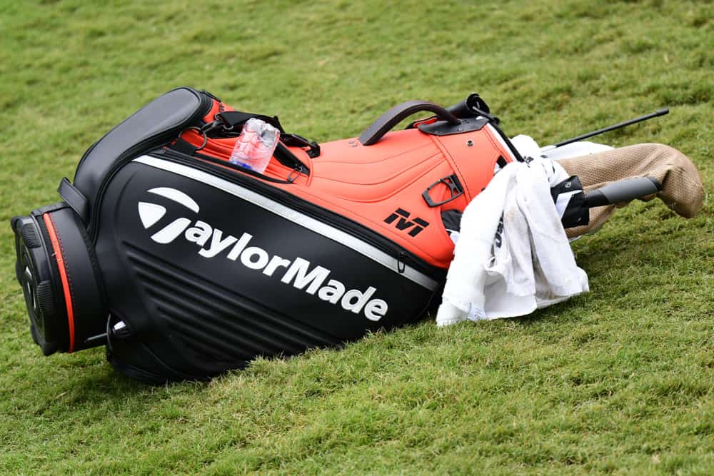 A TaylorMade branded golf bag lies along the fringe on the 15th green during the final round of the Wyndham Championship at Sedgefield Country Club on August 4, 2019 in Greensboro, NC.