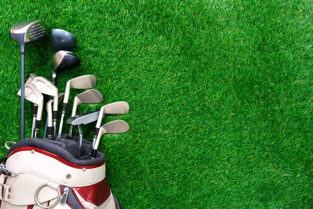 Golf clubs in bag on green grass