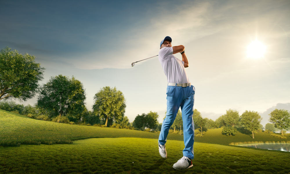 Golfer with golf club taking a shot