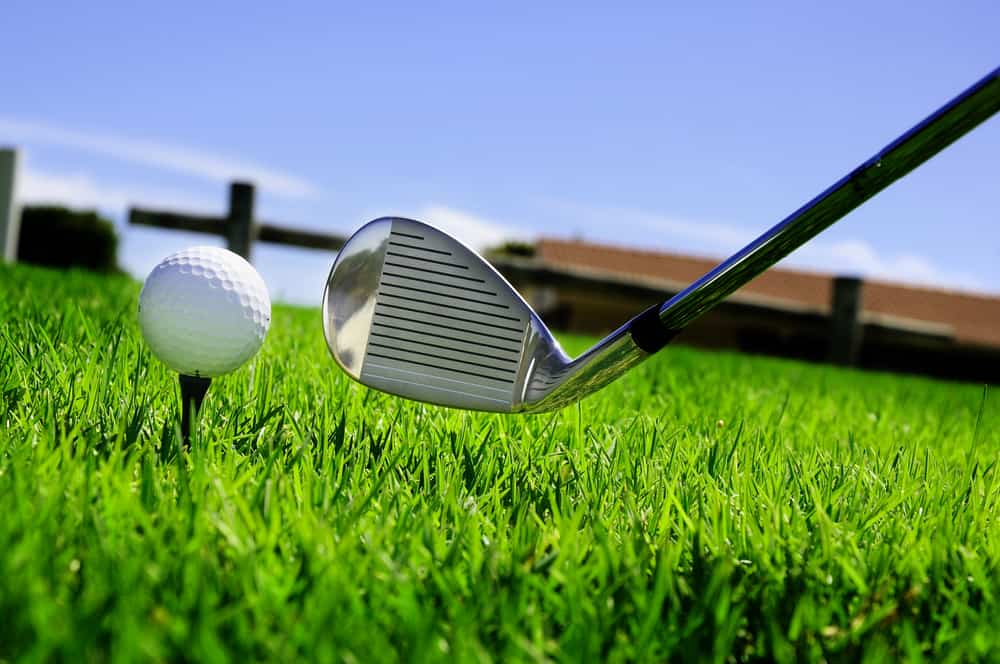 ball and golf clubs on the bright green grass