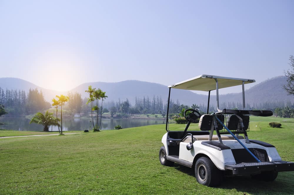 golf car on green grass Mountain backdrop