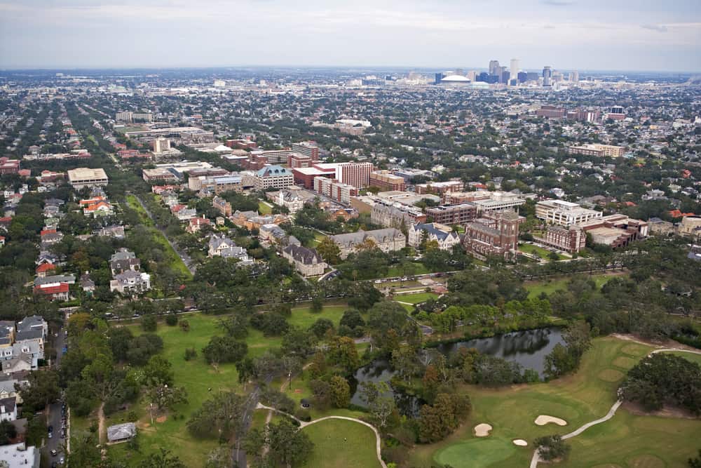 Aerial view of Loyola & Tulane University with City of New Orleans