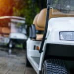 Close up of Golf carts on a rainy day