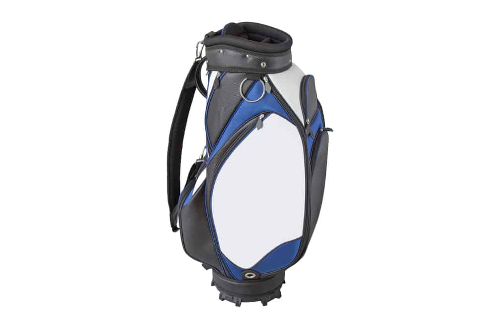 Front view of a multiple pockets golf bag in blue white black with quick release shoulder straps isolated on white background