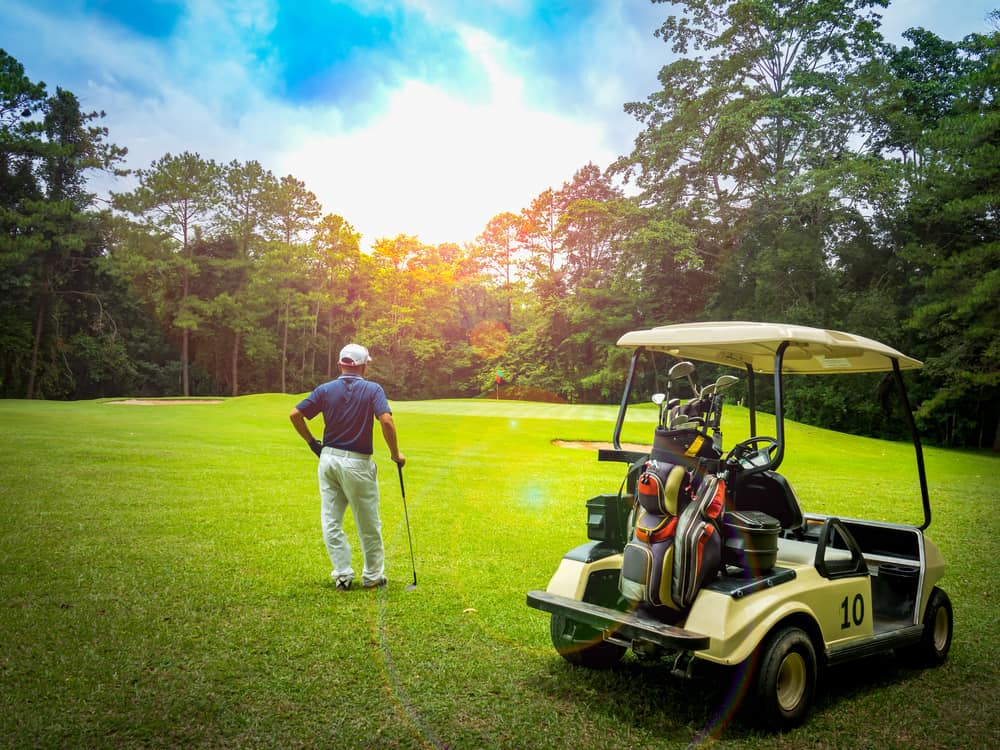 Golf cart and golfer standing on fairway in golf course