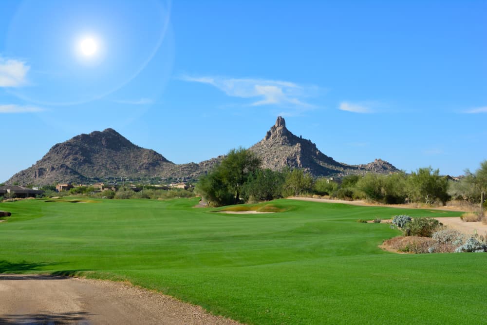 Green grass golf course fairway landscape with mountains