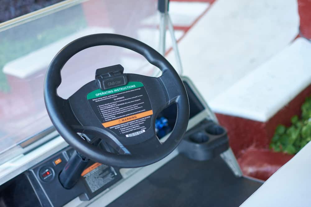 Steering wheel and dashboard of a club car