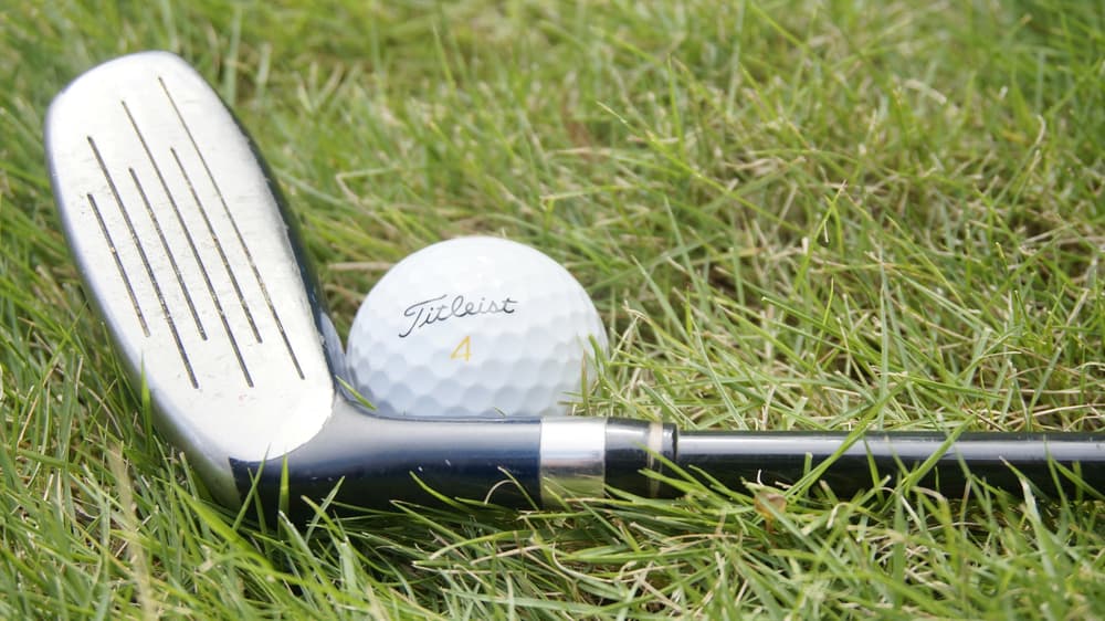 Titleist golf ball and a golf club on green grass