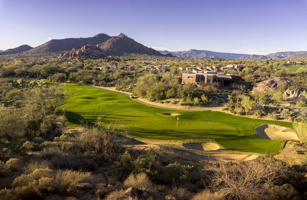 Wide angle high view point of desert golf course landscape community