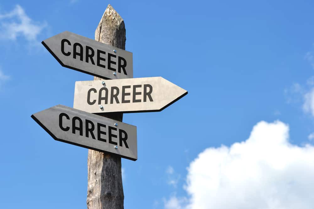 Career, career, career - wooden signpost, cloudy sky